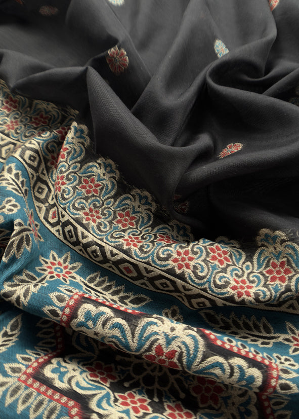 Black Traditional Linen Chanderi Suit Fabric With Jamdani Weaving
