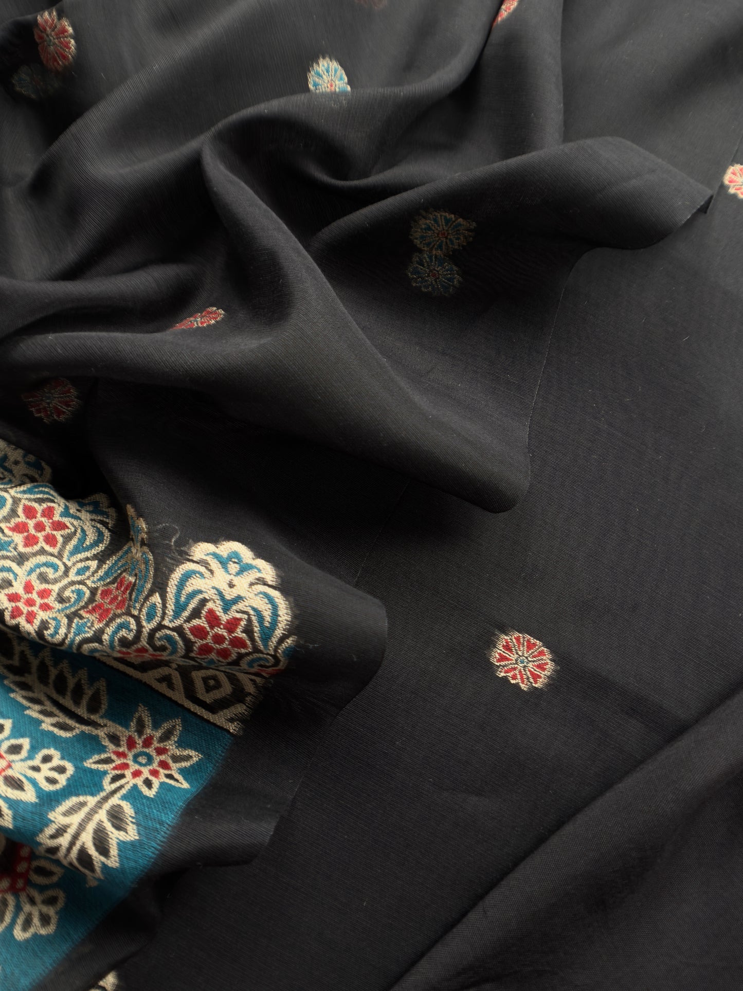 Black Traditional Linen Chanderi Suit Fabric With Jamdani Weaving