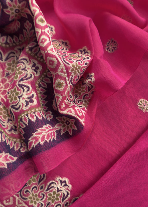 Pink Traditional Linen Chanderi Suit Fabric With Jamdani Weaving