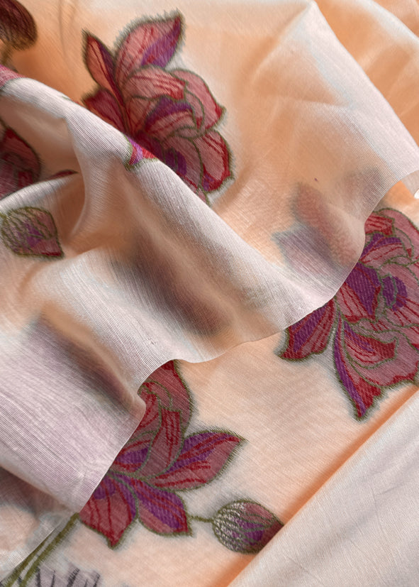Peach Floral Paradise Jute Linen Suit fabric with shaded Jamdani weaving