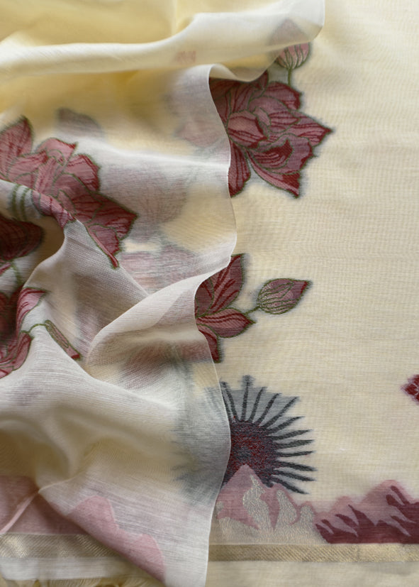 Floral Paradise Jute Linen Suit fabric with shaded Jamdani weaving