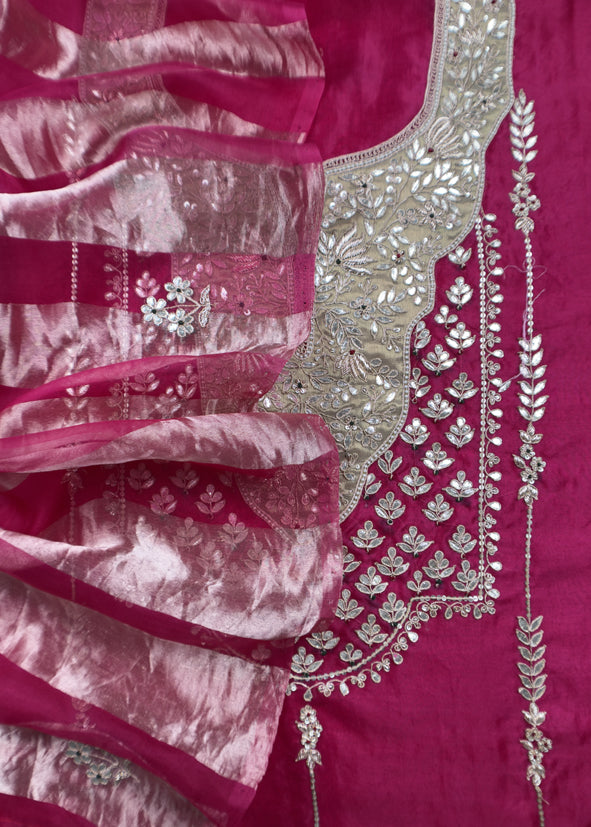 Luxe Deep Pink Organza Silk Suit Fabric And Zari Panel Dupatta With Dori And Gotapatti Handwork