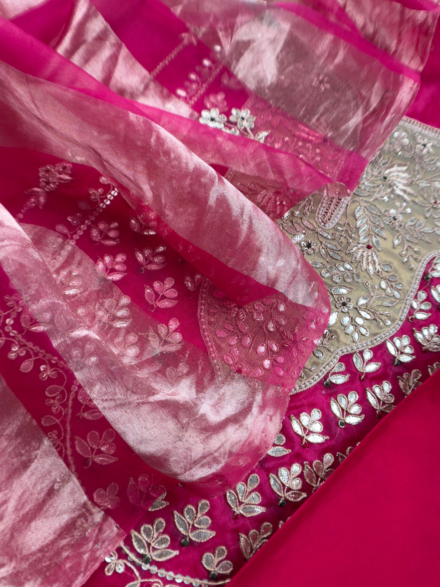 Luxe Deep Pink Organza Silk Suit Fabric And Zari Panel Dupatta With Dori And Gotapatti Handwork