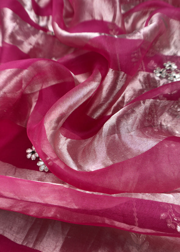 Luxe Deep Pink Organza Silk Suit Fabric And Zari Panel Dupatta With Dori And Gotapatti Handwork