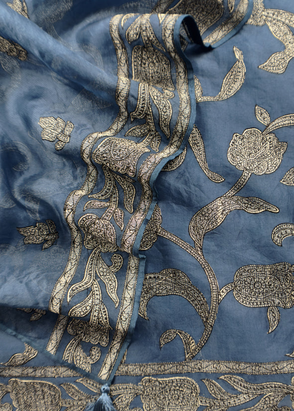 Aegean Blue Pure Organza Silk Suit Fabric With Parsi Tulips Resham Embroidery