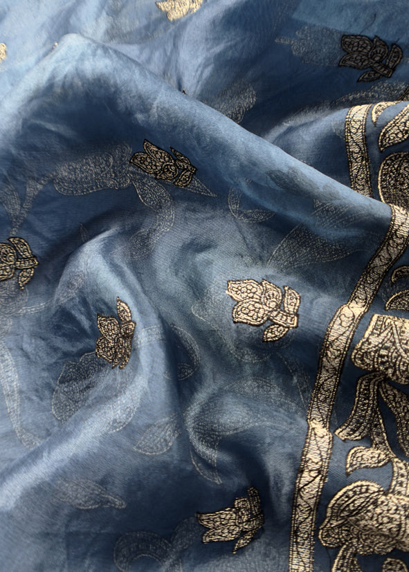 Aegean Blue Pure Organza Silk Suit Fabric With Parsi Tulips Resham Embroidery
