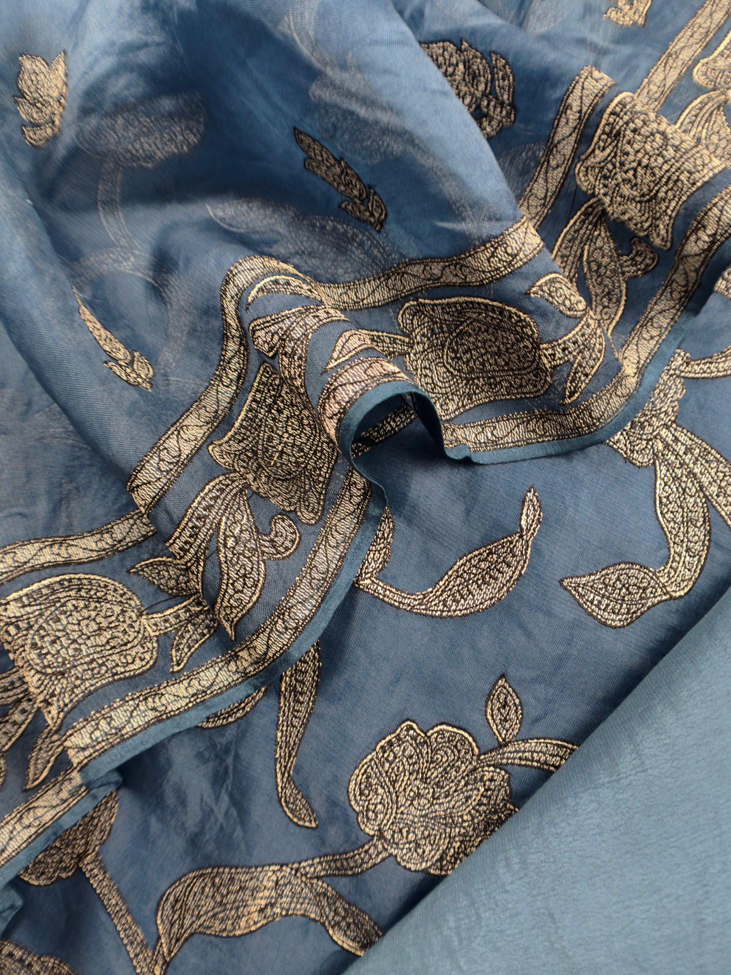 Aegean Blue Pure Organza Silk Suit Fabric With Parsi Tulips Resham Embroidery