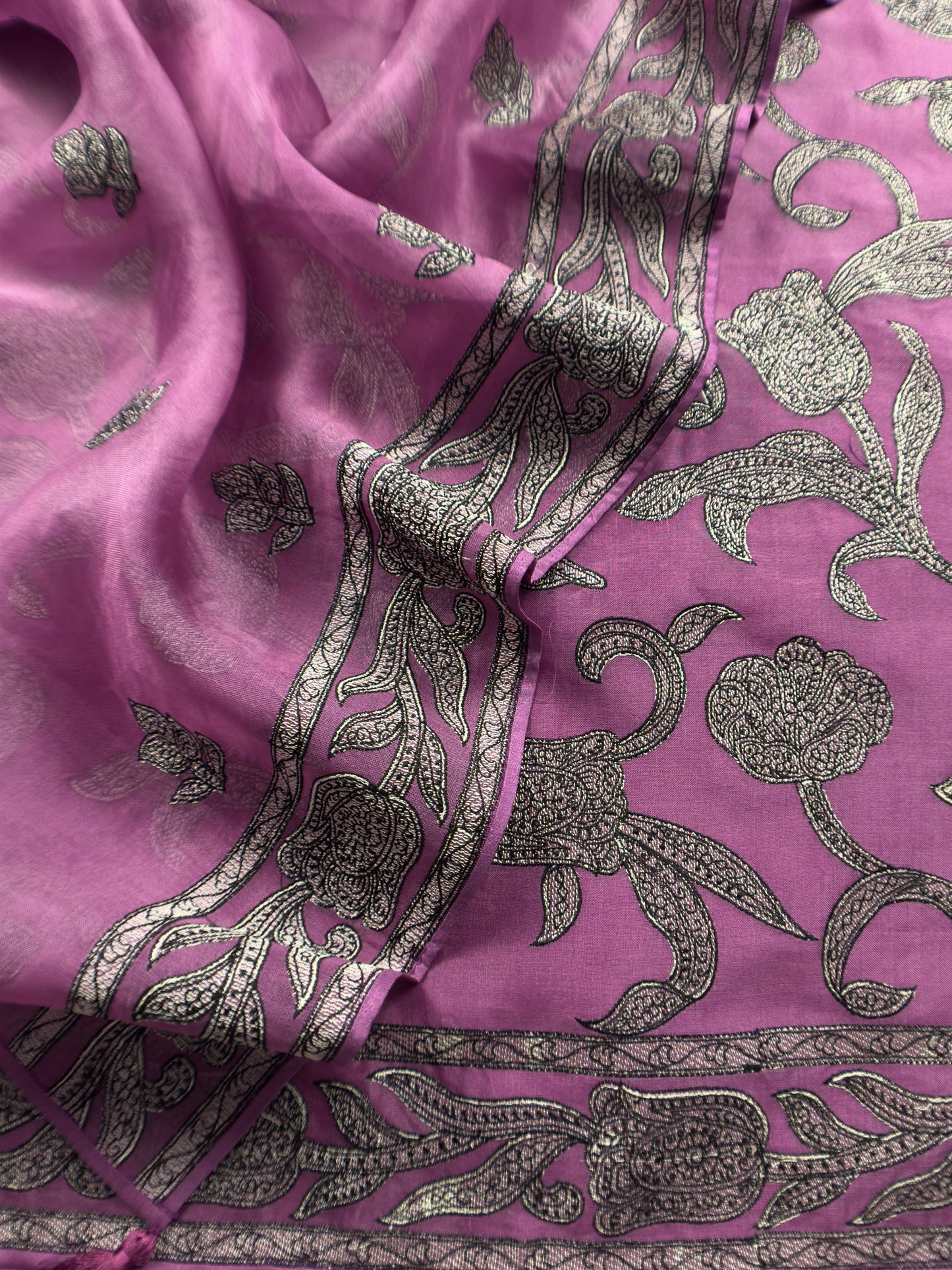 French Violet Pure Organza Silk Suit Fabric With Parsi Tulips Resham Embroidery
