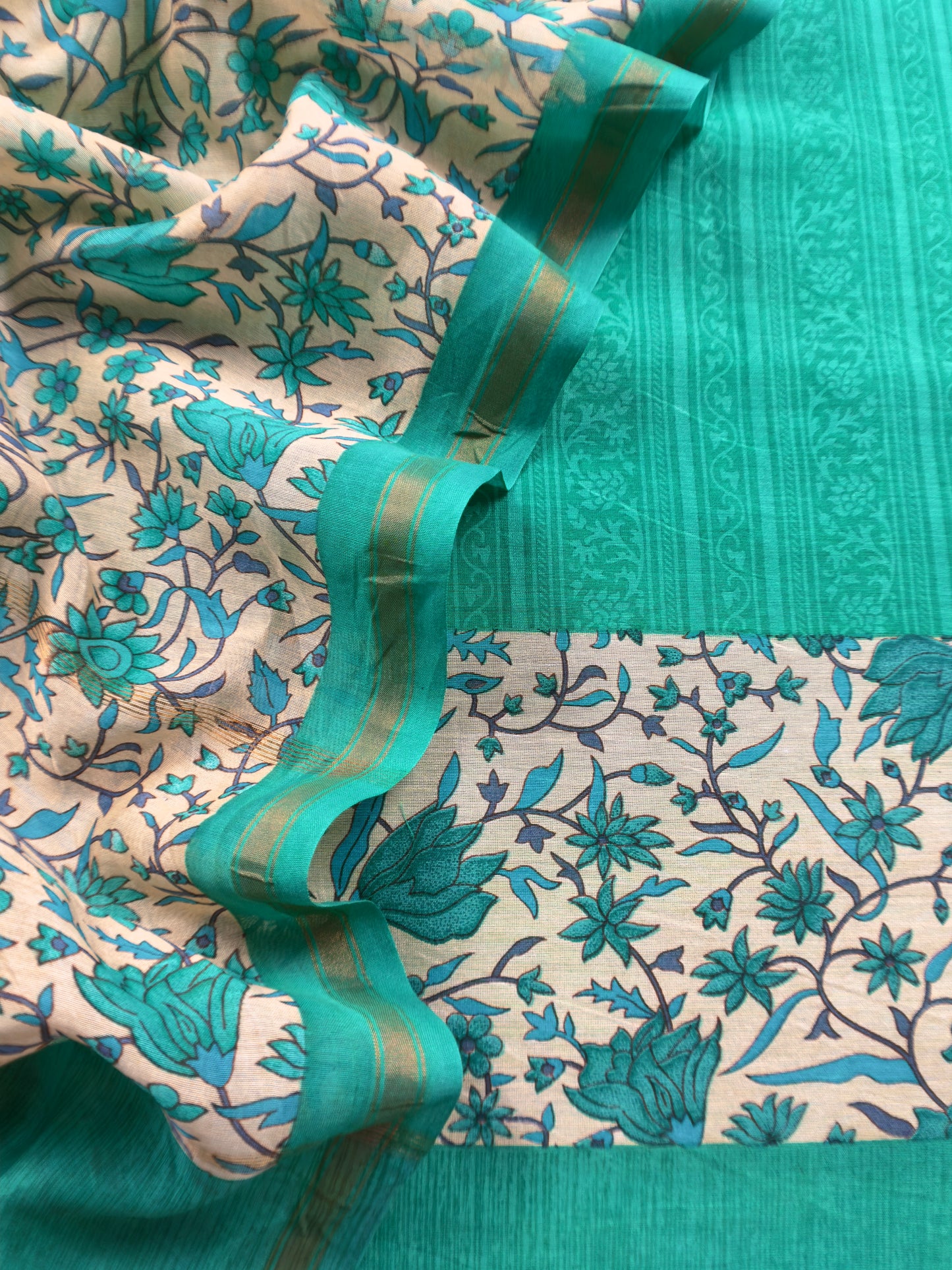 Green Block Print Pure Maheshwari Silk Suit With Floral Print Dupatta