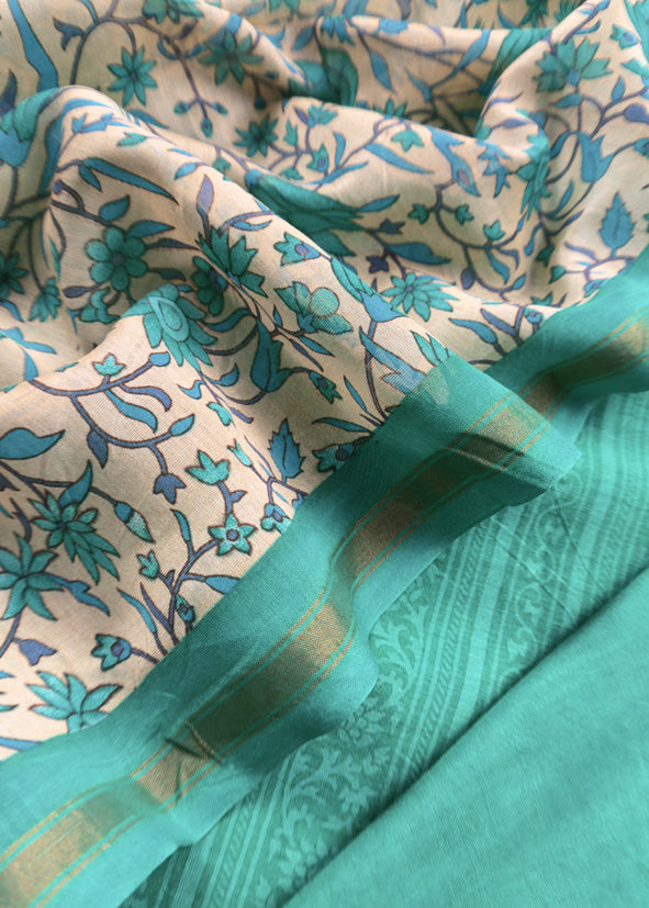 Green Block Print Pure Maheshwari Silk Suit With Floral Print Dupatta