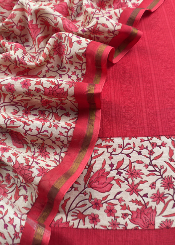 Red Block Print Pure Maheshwari Silk Suit With Floral Print Dupatta