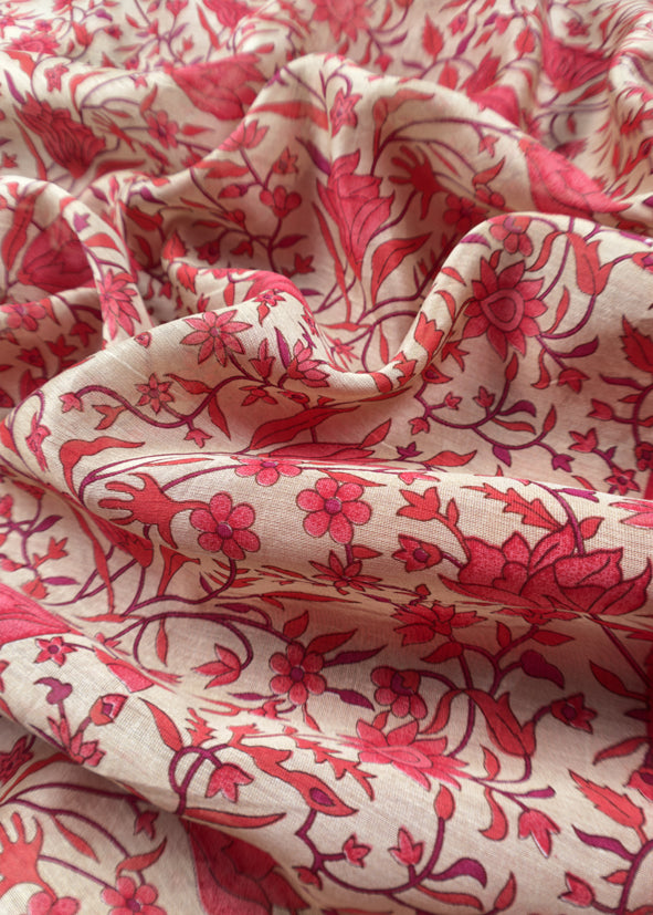 Red Block Print Pure Maheshwari Silk Suit With Floral Print Dupatta