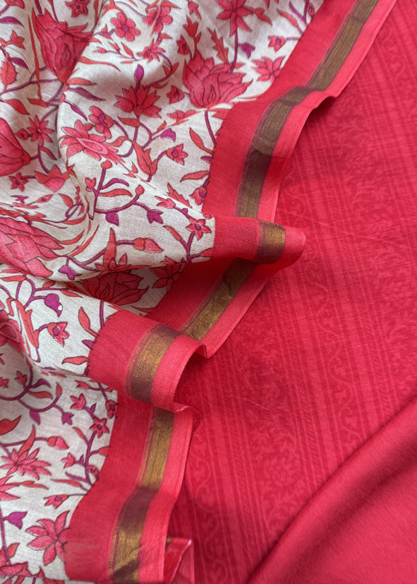 Red Block Print Pure Maheshwari Silk Suit With Floral Print Dupatta