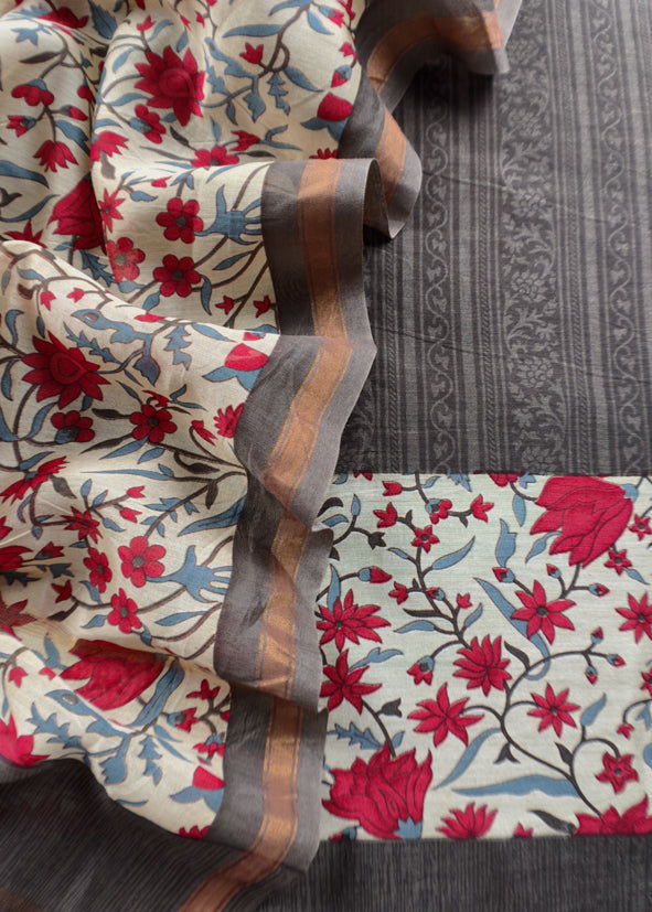 Black Block Print Pure Maheshwari Silk Suit With Floral Print Dupatta