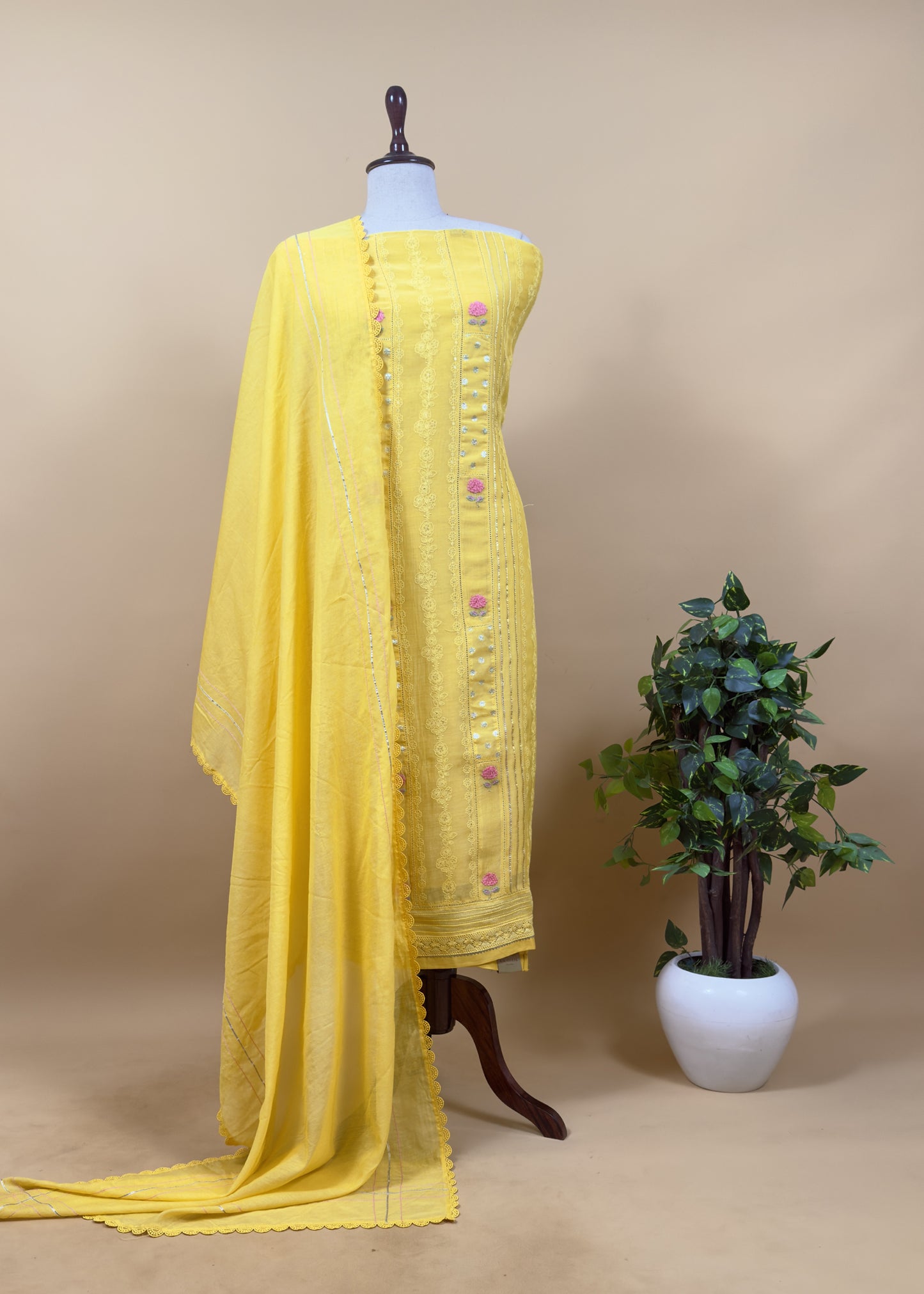 Sunshine Yellow Pure Mul Suit With Gold Pitta Work And Resham Embroidery