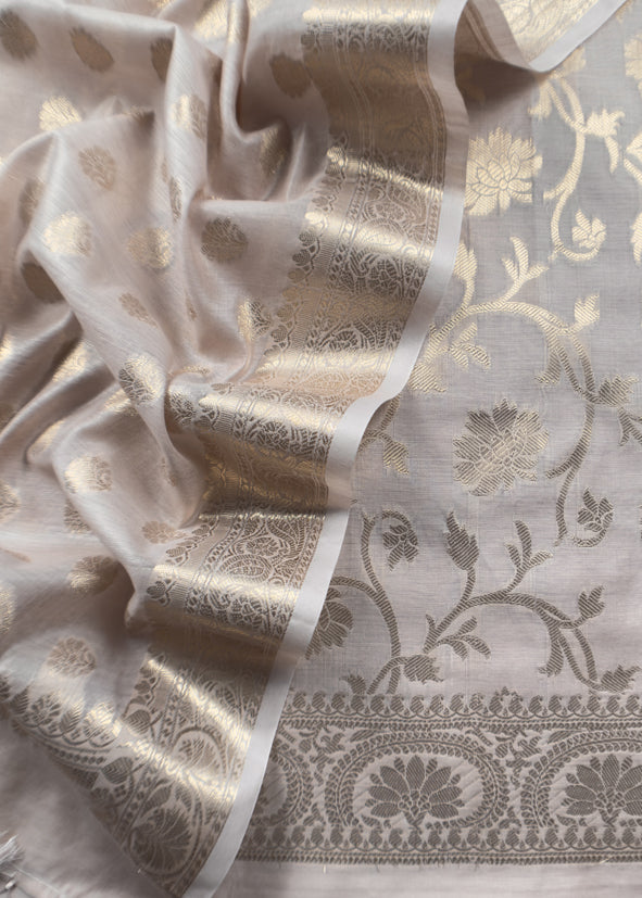 Gray Banarasi Chanderi Silk Suit In Zari Work