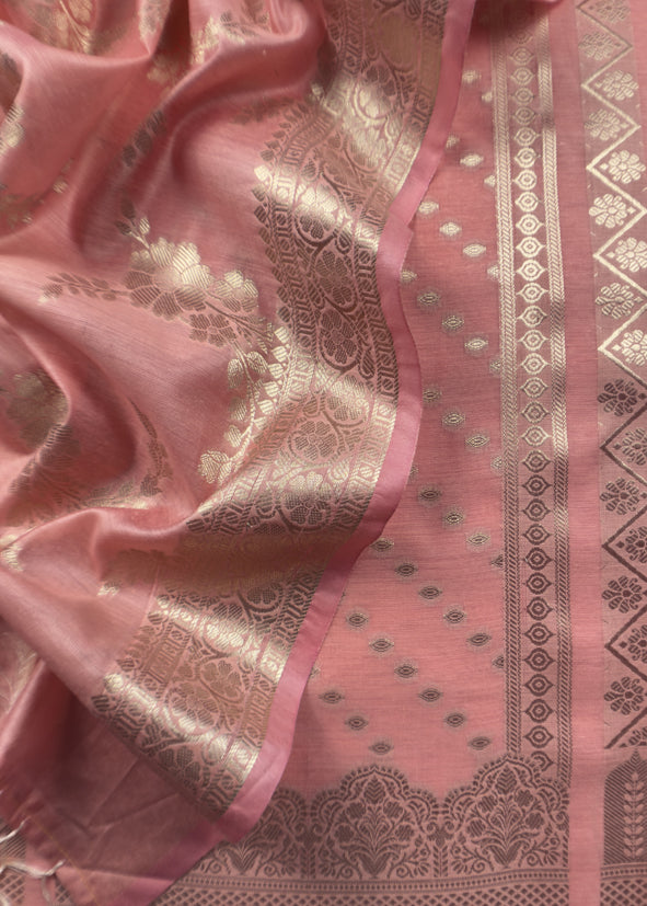 Peach Banarasi Chanderi Silk Suit In Zari Work