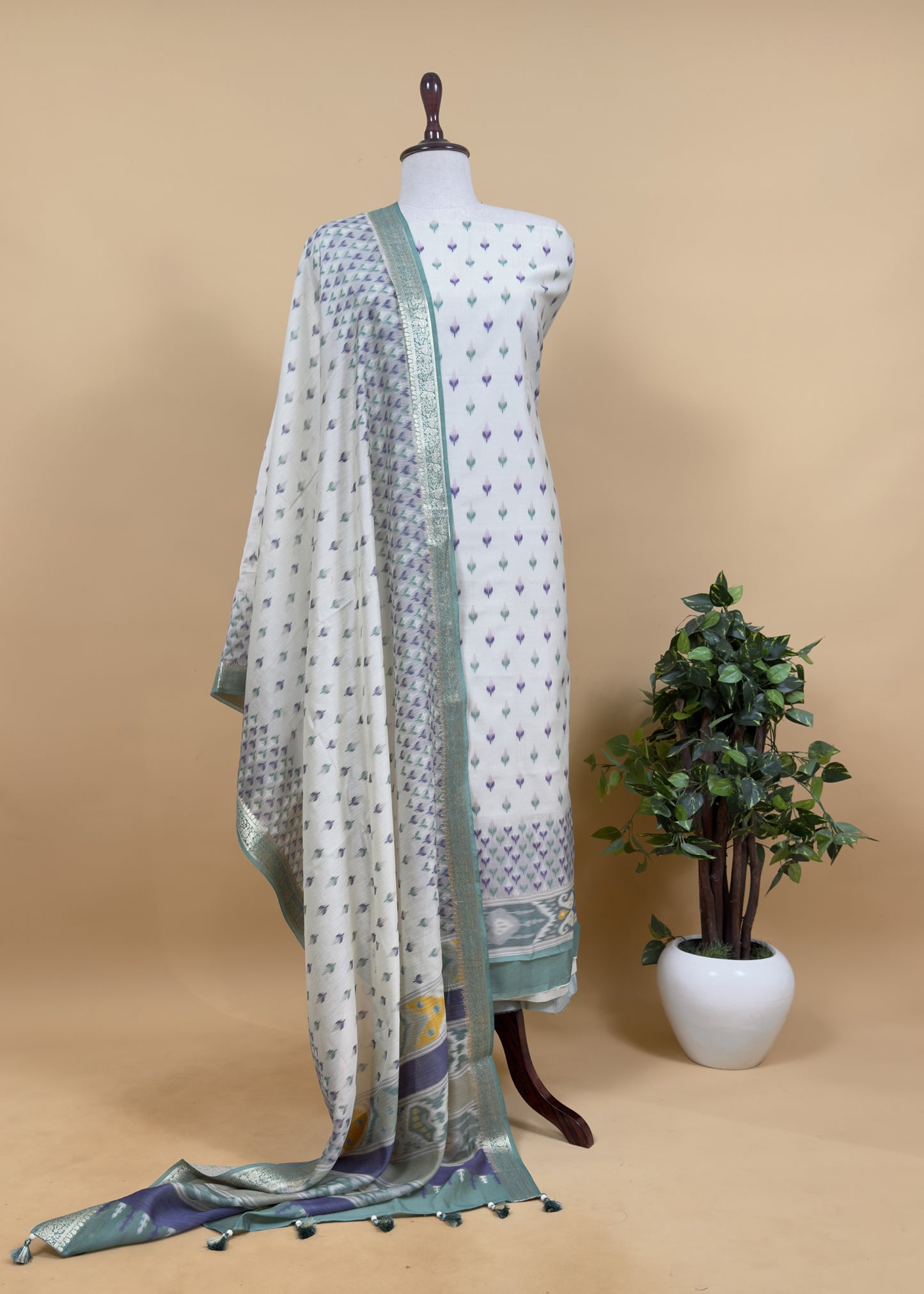 White And Red Handloom Ikkat Chanderi Suit Fabric With Maheshwari Border