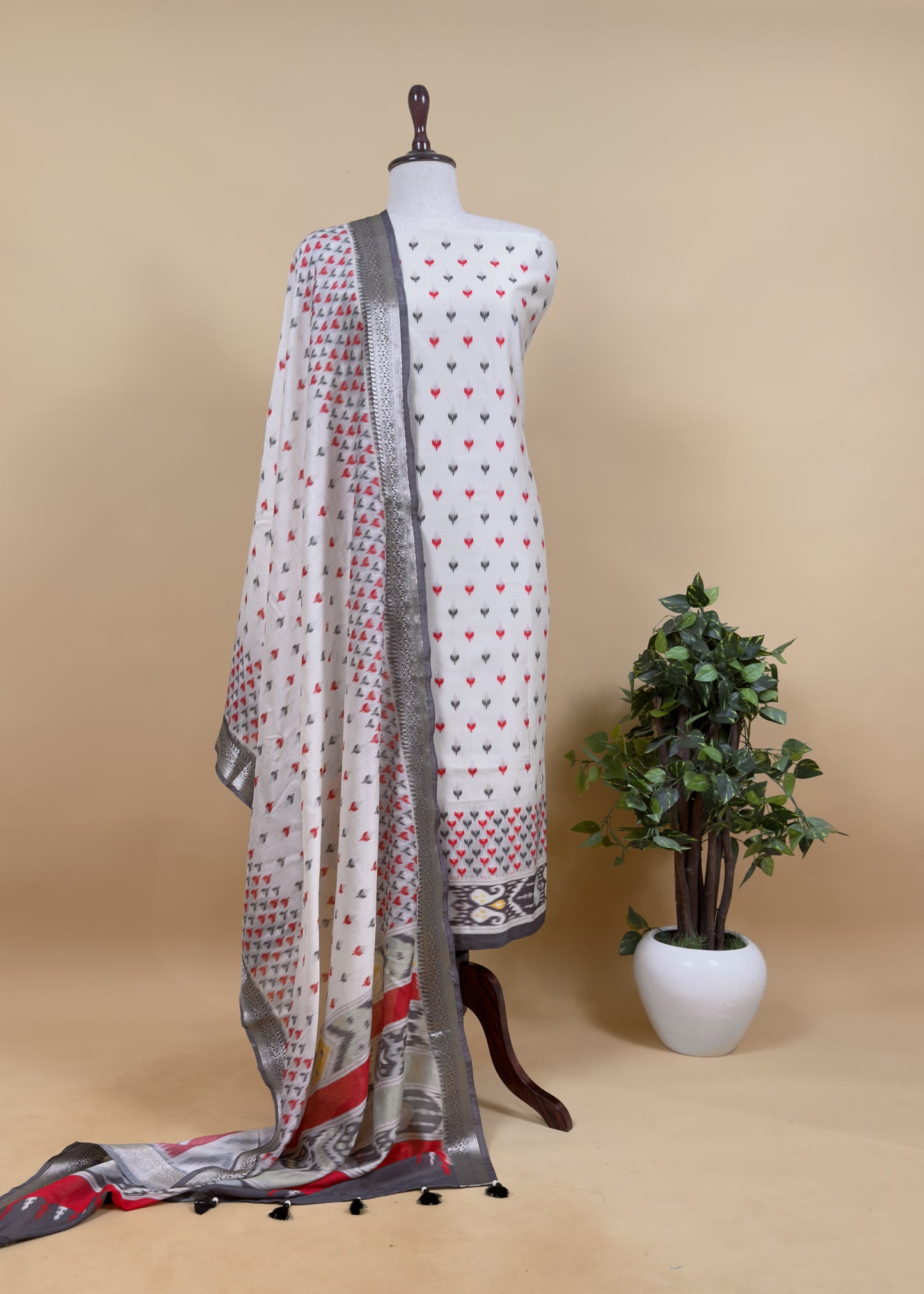 White And Red Handloom Ikkat Chanderi Suit Fabric With Maheshwari Border