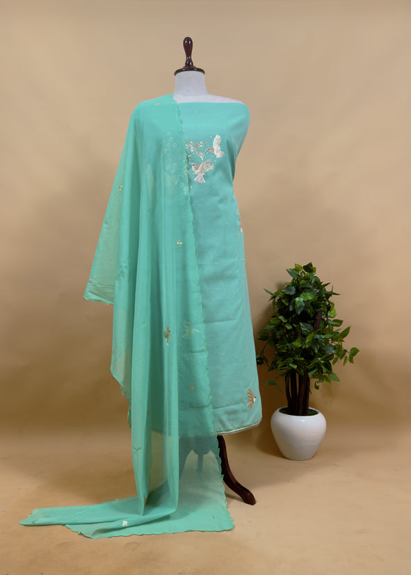 Girlish Powder Pink Gold Silver Chidiya Pure Mulmul Suit Fabric With Pitta Work