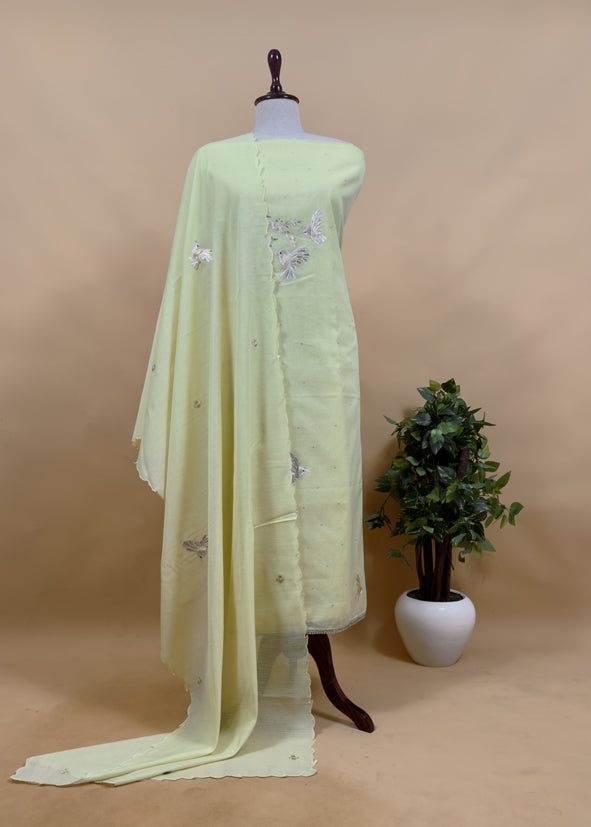 Girlish Powder Pink Gold Silver Chidiya Pure Mulmul Suit Fabric With Pitta Work