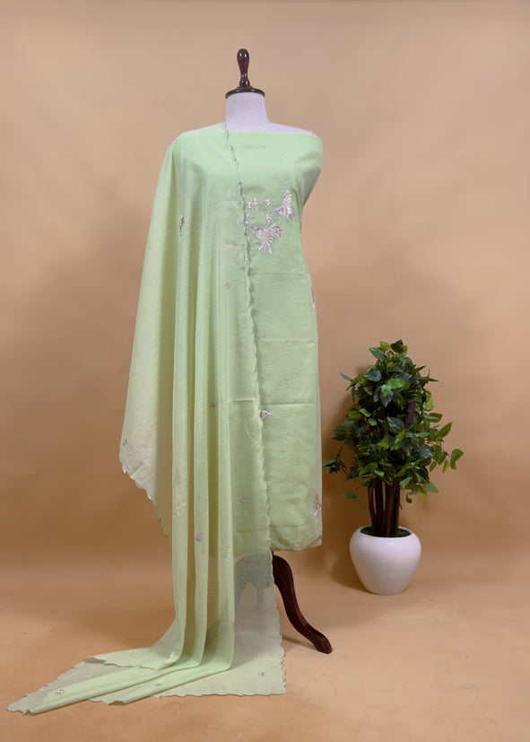 Girlish Powder Pink Gold Silver Chidiya Pure Mulmul Suit Fabric With Pitta Work