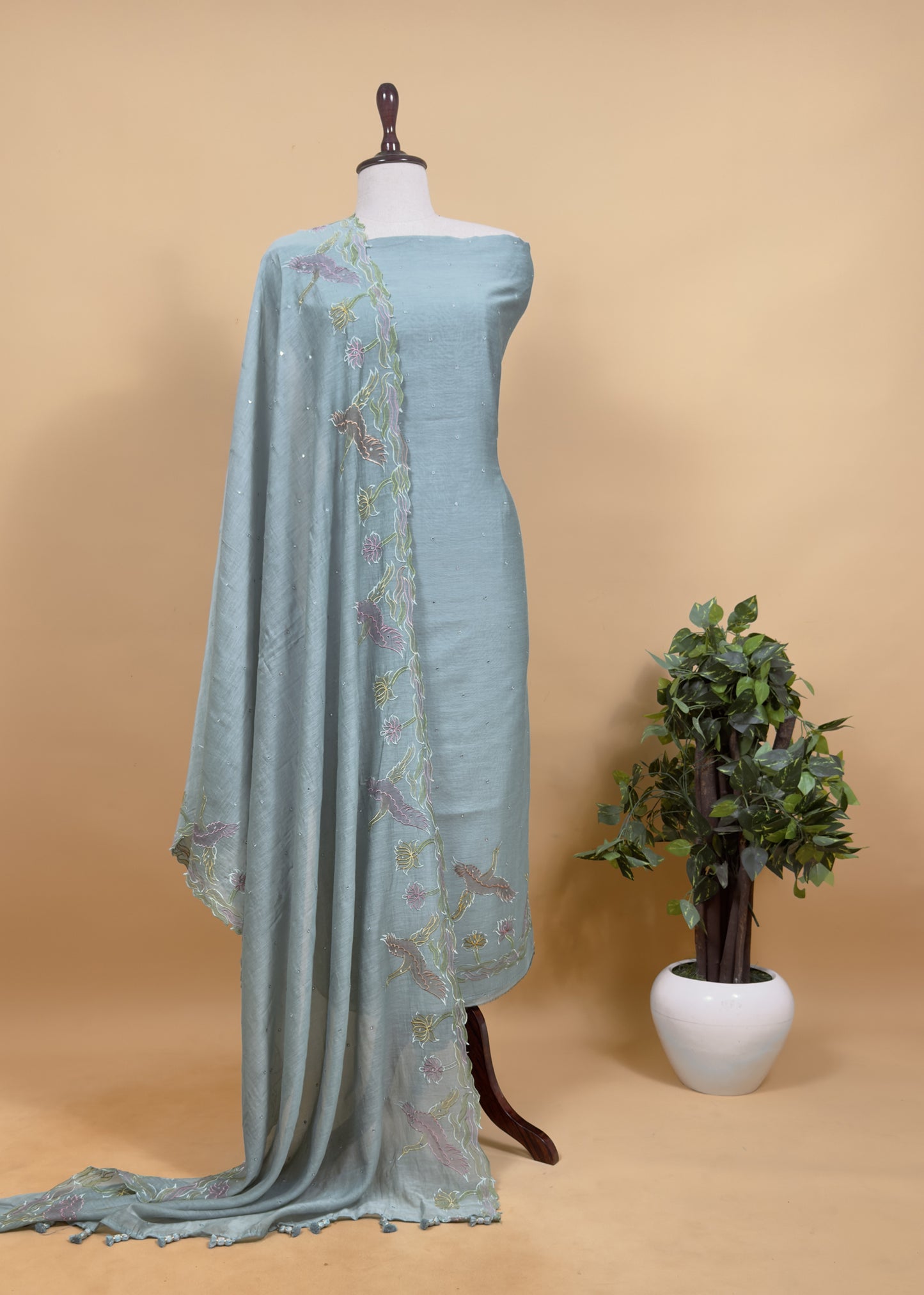 Powder Blue Pure Mul Chanderi Unstitched Suit With Hand Brushed Embroidery