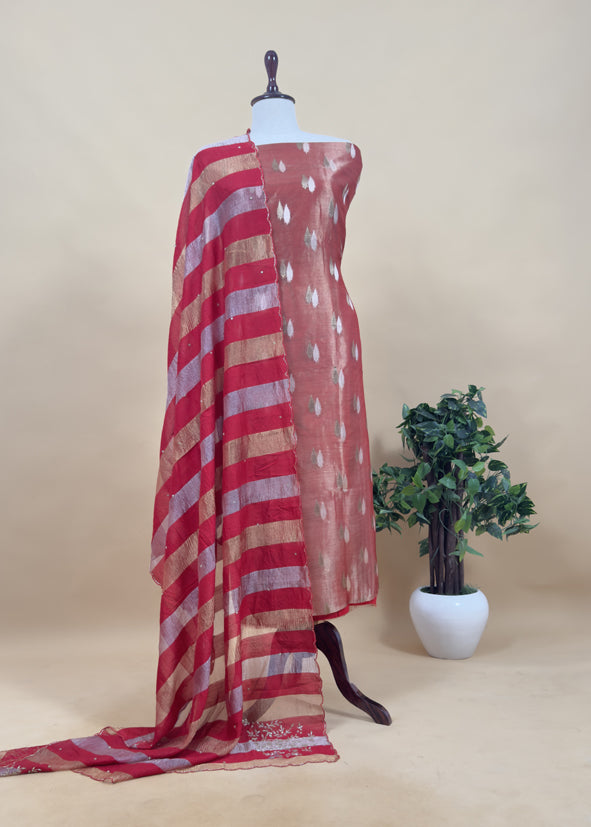 Gold And Wine Pure Tissue Silk Woven Suit Fabric With Cutdana Handwork
