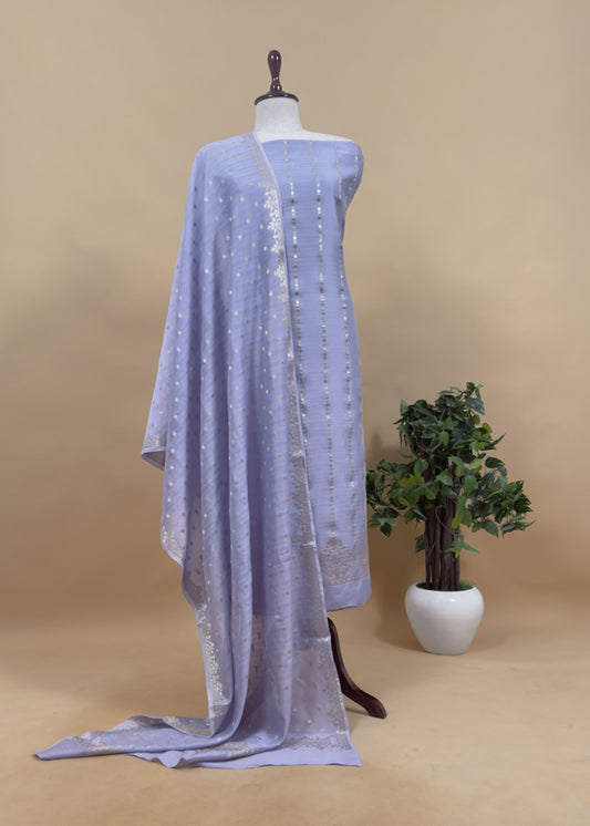 Guldasta 2025 Steel Blue Pure Silk Suit With Gold Weaving