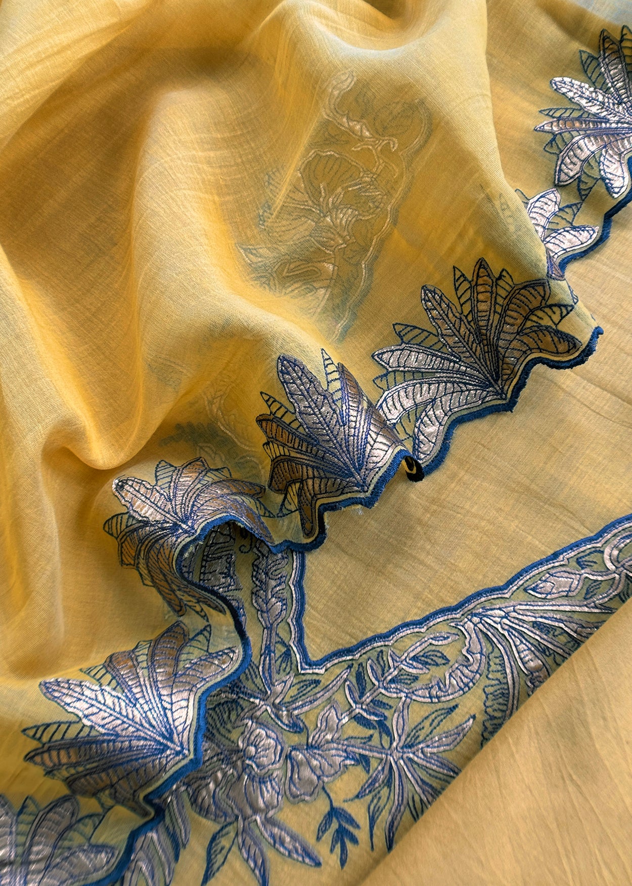 Yellow Handloom Mulmul Unstitched Suit Fabric With Hand Gota Work