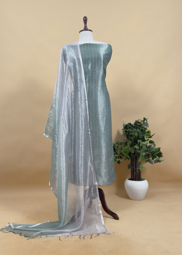 Raspberry Pink And Grey Handloom Tissue Silk Suit With Silver Zari Weaves