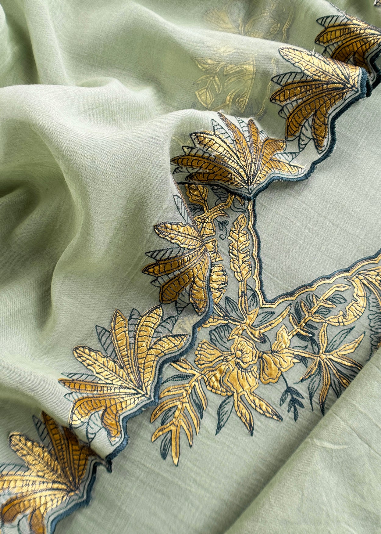 Sage Green Handloom Mulmul Unstitched Suit Fabric With Hand Gota Work