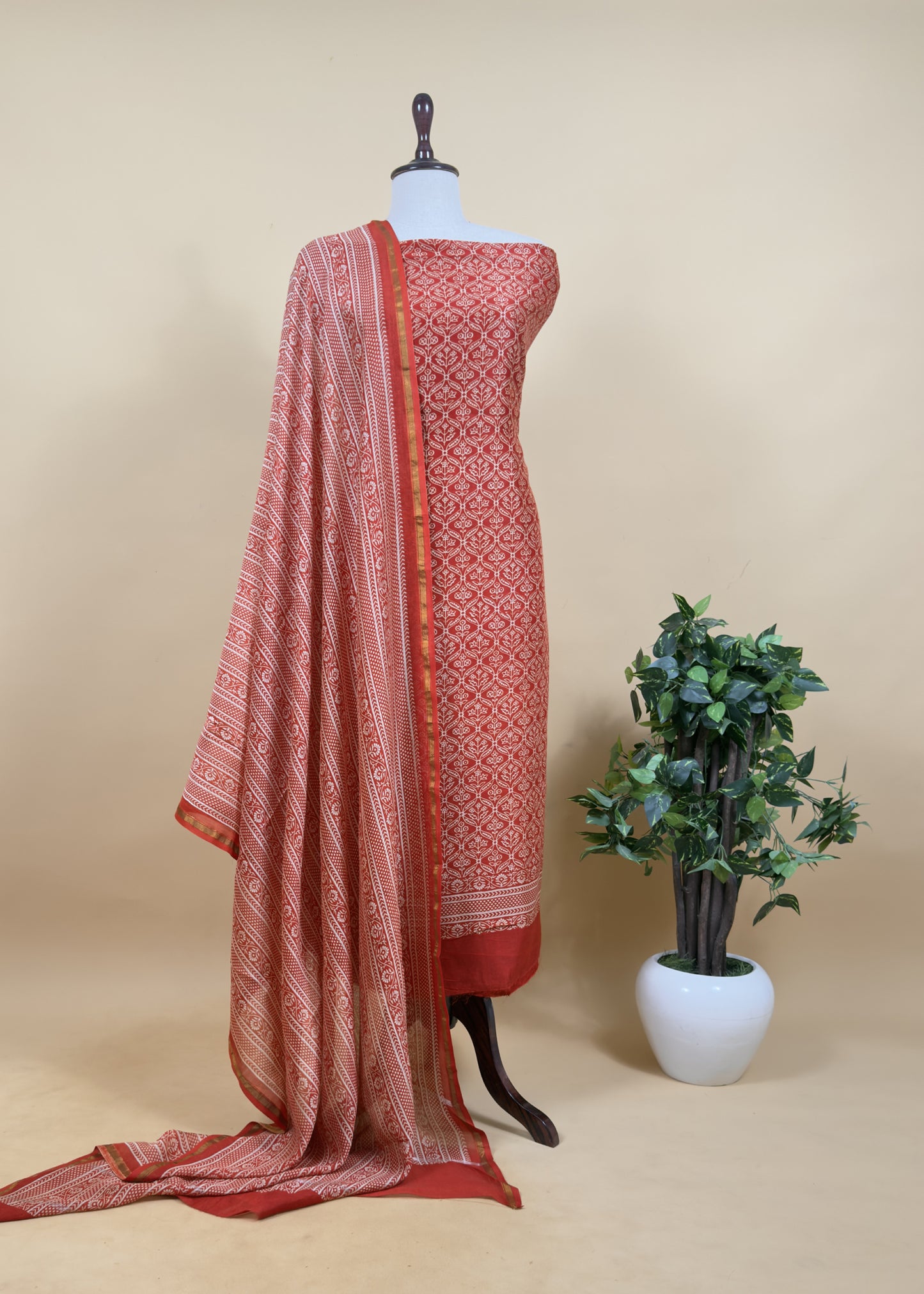 Orange Block Print Unstitched Suit In Pure Maheshwari Silk