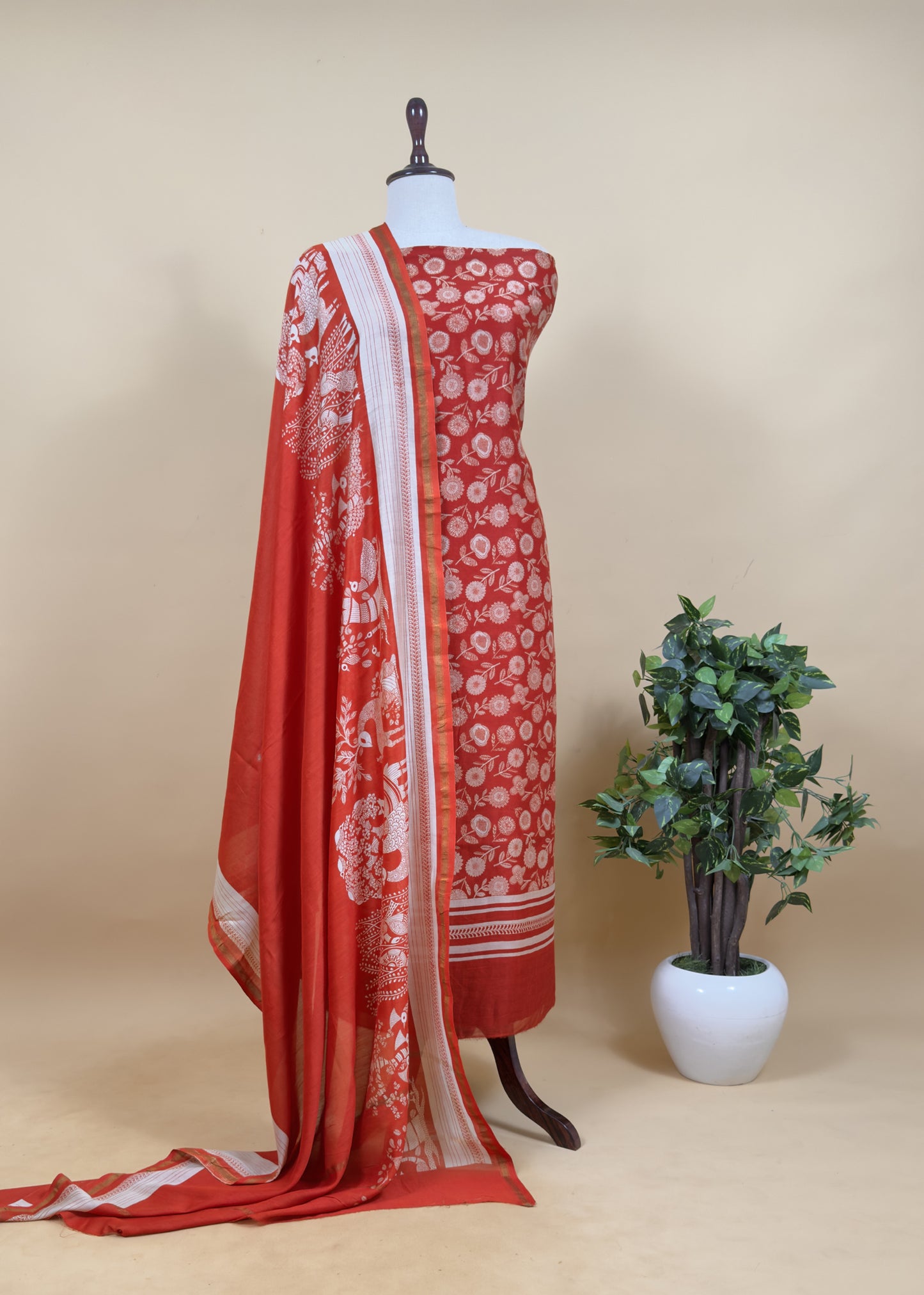 Orange Block Print Unstitched Suit In Pure Maheshwari Silk