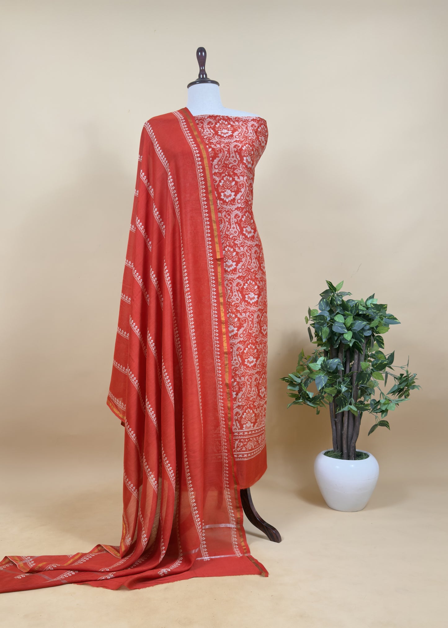 Orange Block Print Unstitched Suit In Pure Maheshwari Silk
