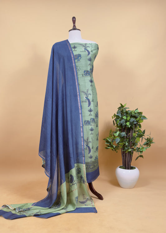 Green With Blue Shikagarh Maheshwari Silk Suit Fabric