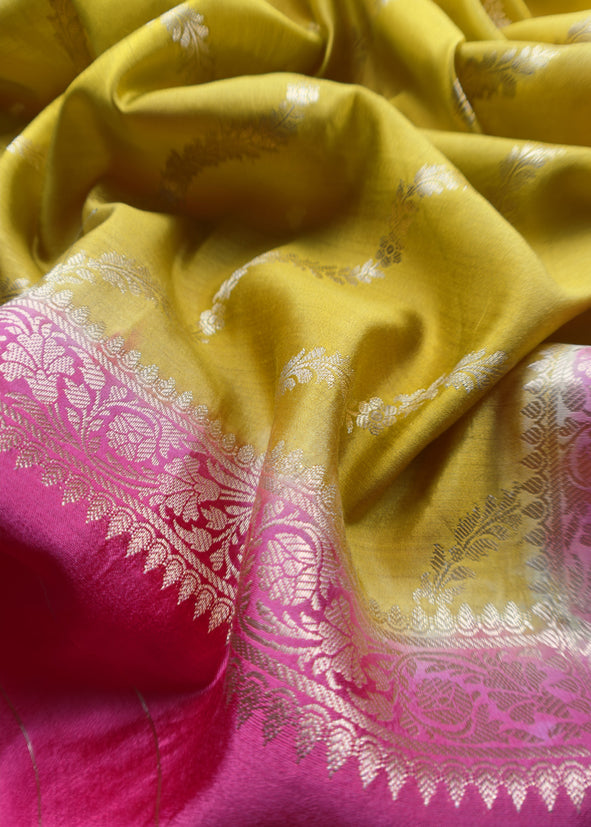 Apple Green And Deep Pink Contrast Banarasi Handloom Silk Suit Fabric