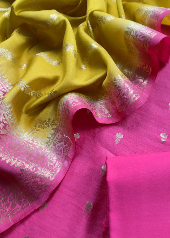 Apple Green And Deep Pink Contrast Banarasi Handloom Silk Suit Fabric