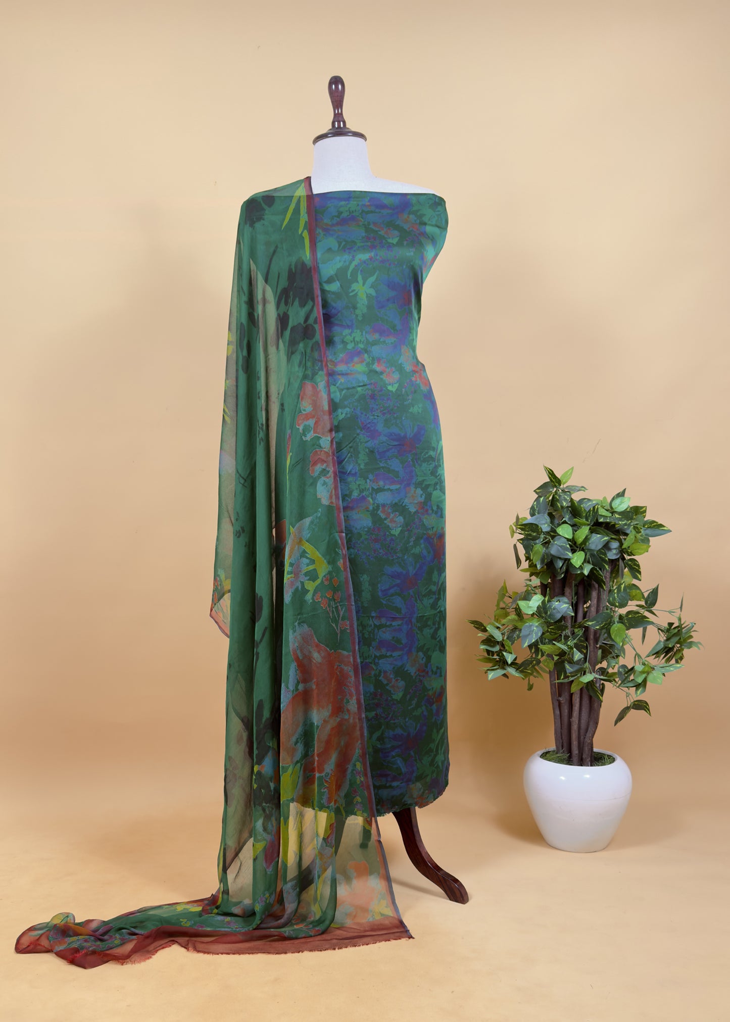 Green Satin Crepe Unstitched Suit With Chinon Dupatta