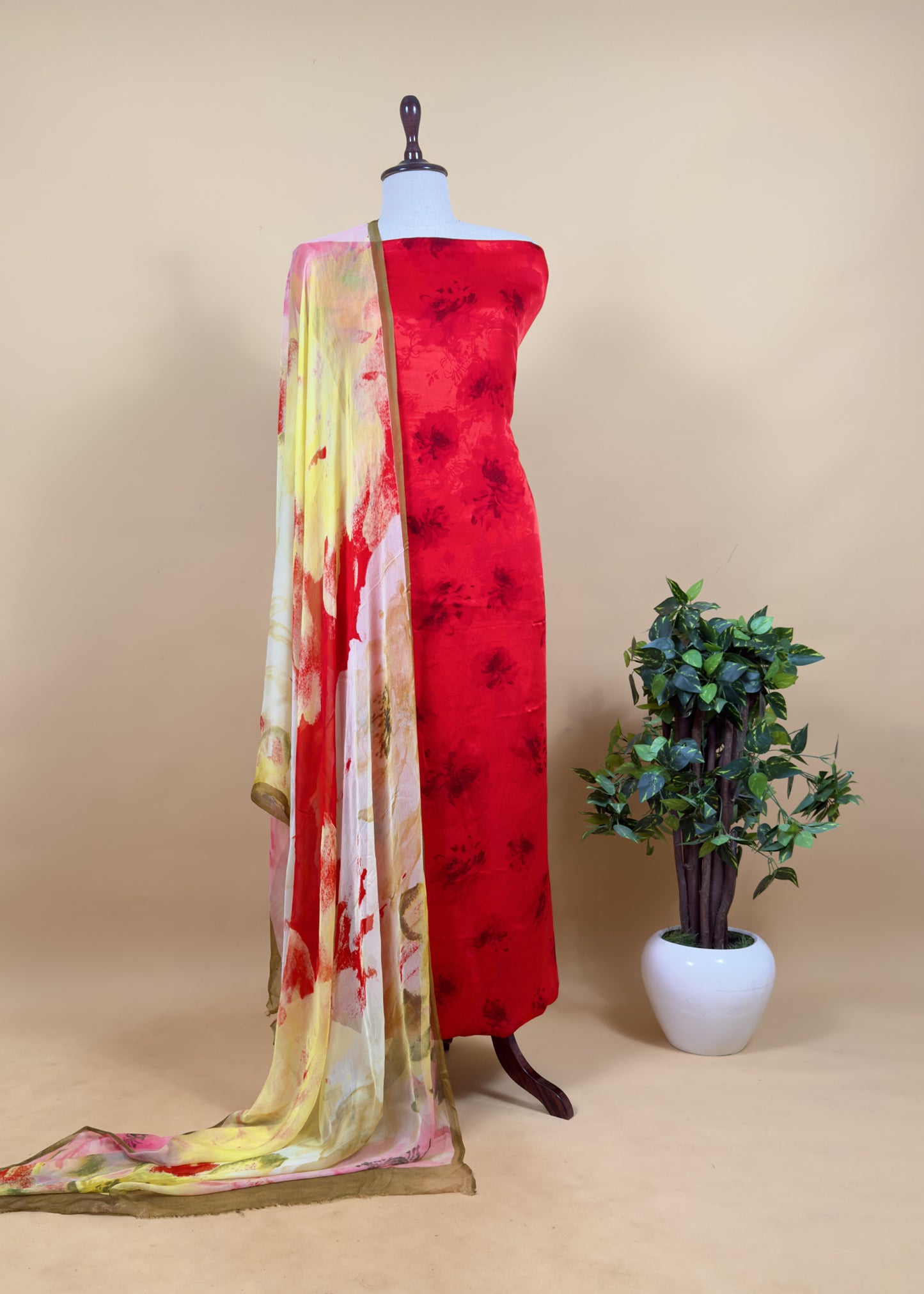 Red Pure Crepe Digital Print Unstitched Salwar Kameez