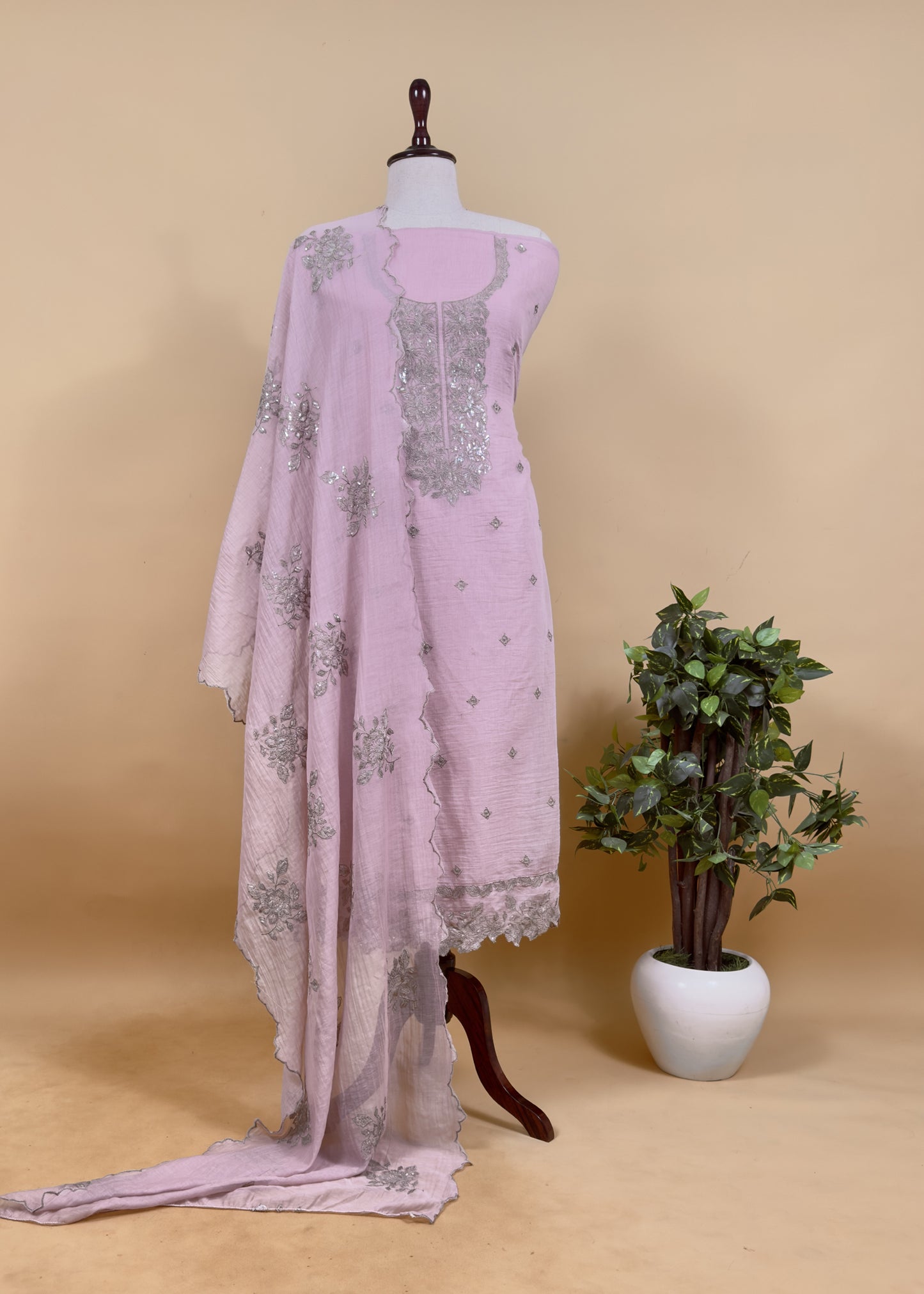 Pink Pearl Mul Suit Fabric With Bronze Sequin Embroidery