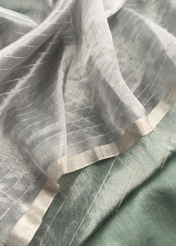 Raspberry Gray Handloom Tissue Silk Suit With Silver Zari Weaves