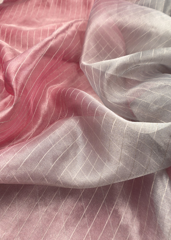 Raspberry Pink And Grey Handloom Tissue Silk Suit With Silver Zari Weaves