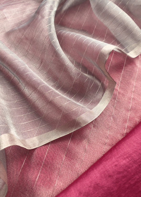 Raspberry Pink And Grey Handloom Tissue Silk Suit With Silver Zari Weaves