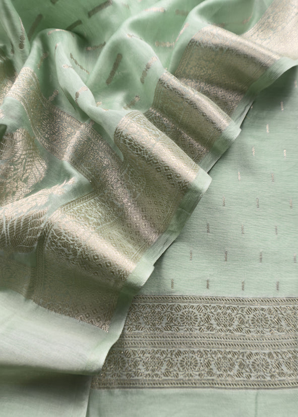 Apple Green and Deep Pink Contrast Banarasi Handloom Silk Suit fabric