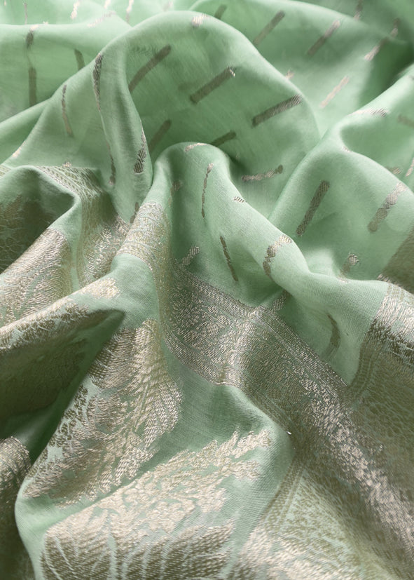 Apple Green and Deep Pink Contrast Banarasi Handloom Silk Suit fabric