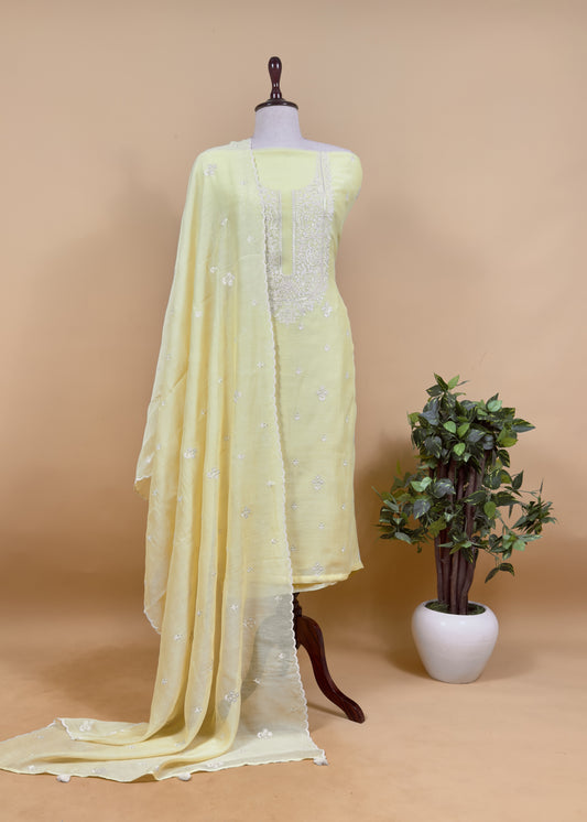 Lemon Yellow Pure Mul Chanderi Suit With Resham Embroidery