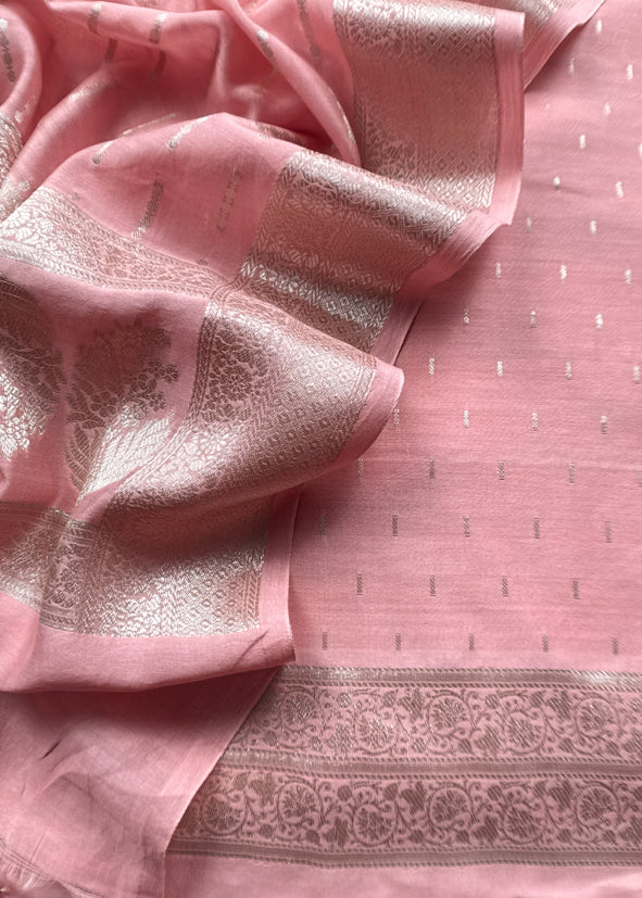 Pink And Deep Pink Contrast Banarasi Handloom Silk Suit fabric