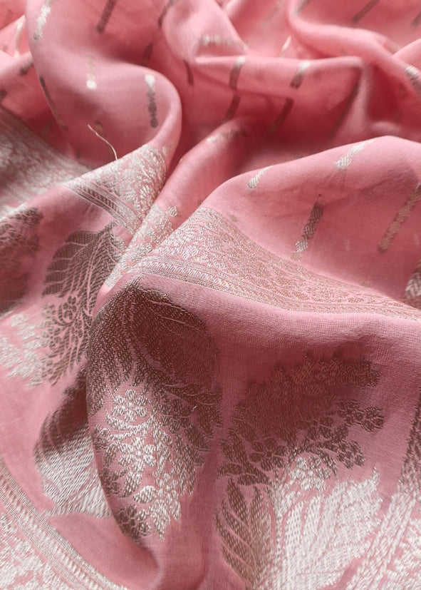 Pink And Deep Pink Contrast Banarasi Handloom Silk Suit fabric