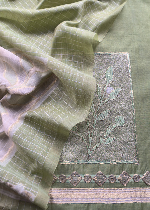 Green Chanderi Kurta With Appliqué Work And Dupatta With Jamdani Weaving